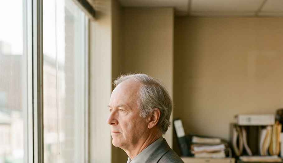 The founder in his own office, mid-thought