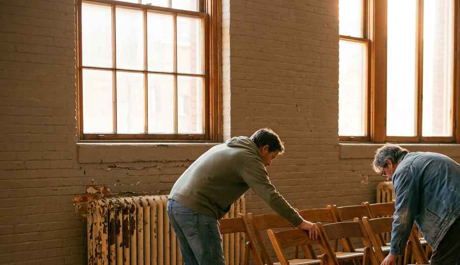 Volunteers setting out chairs before a community meeting