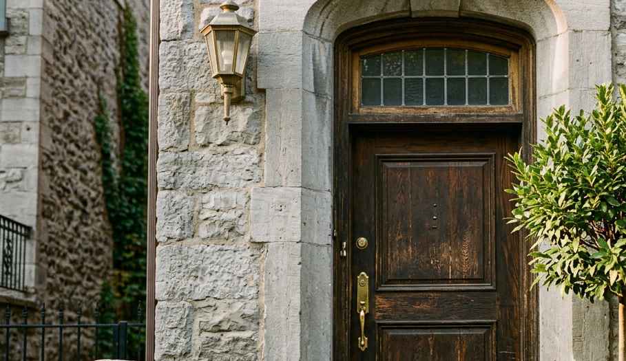 The entrance to a Montreal stone building: a dark timber door with polished brass, a swept step and a bay tree