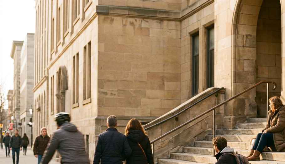 The worn stone steps of an old Montreal civic institution