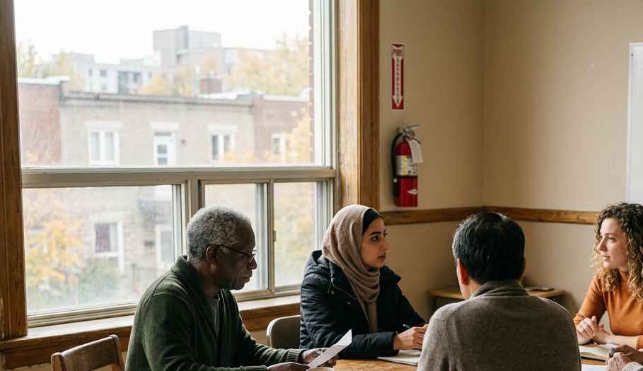 A group of varied ages and backgrounds testing an argument around one table