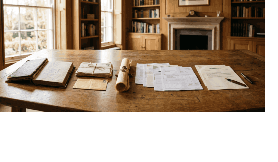 A family’s papers laid out in sequence along a long oak table, from an old ledger to recent statements