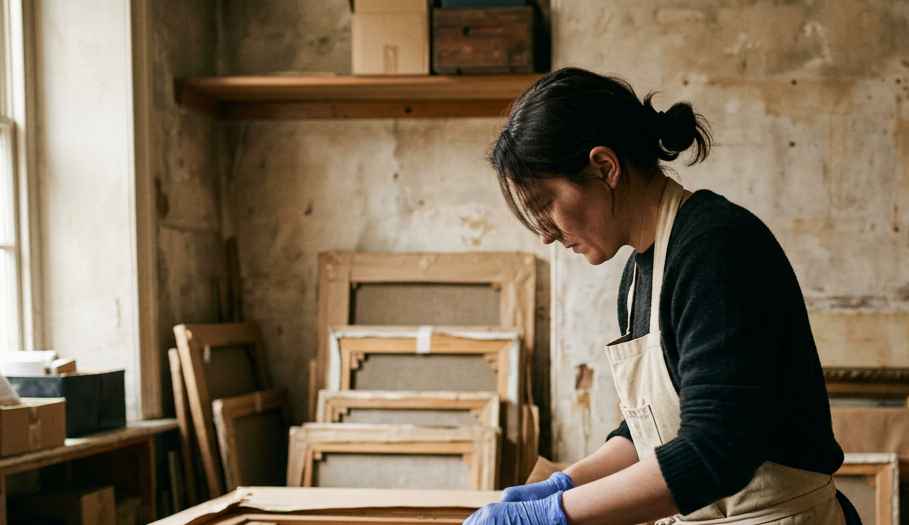 An art handler wrapping a canvas before it moves